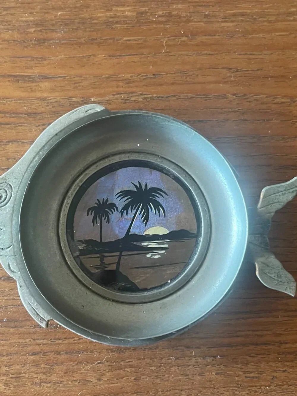 Art Deco Butterfly Reverse Painted Glass Pewter Fish Ash Tray
